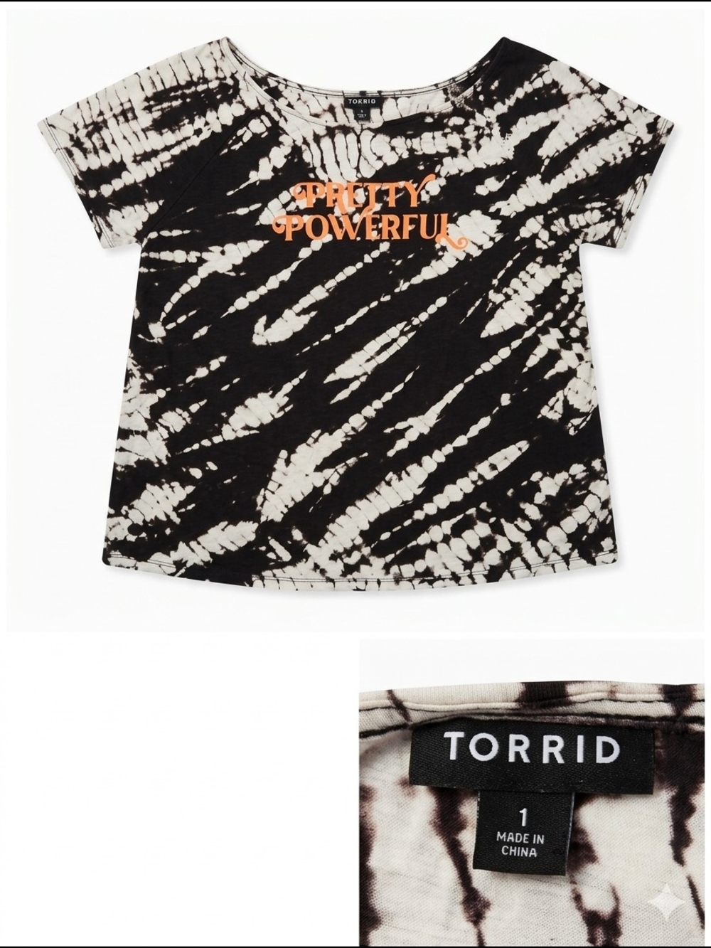 Torrid Black & Cream Tie-Dye Tee with Orange 'Pretty Powerful' Graphic
